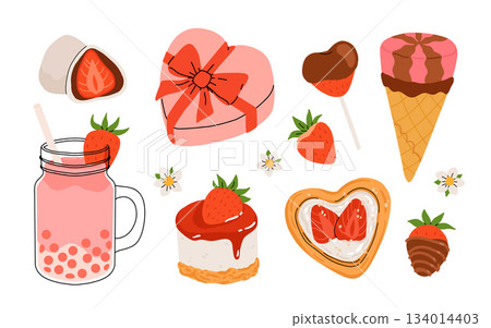 Strawberry set. Summer refreshing drinks, sweets and desserts with taste of strawberries. Chocolate strawberry. Flowers, petals, strawberries. Flat Vector illustration isolated on white background Strawberry set. Summer refreshing drinks, sweets and desserts with taste of strawberries. Chocolate strawberry. Flowers, petals, strawberries. Flat Vector illustration isolated on white background 134014403
