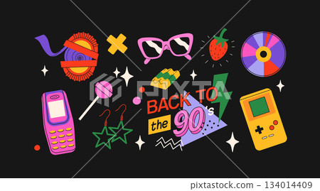 Classic 80s back to 90s elements in modern flat style. Hand drawn sticker set, vector illustration. Fashion patch, badge, emblem with vintage accessories. 134014409