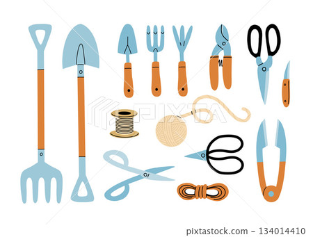 Set of gardening items in hand drawn cartoon style. Various agricultural and garden tools for spring work. Garden rake, shovel, scissors, rope and knife. Vector clip art illustration. Set of gardening items in hand drawn cartoon style. Various agricultural and garden tools for spring work. Garden rake, shovel, scissors, rope and knife. Vector clip art illustration. 134014410