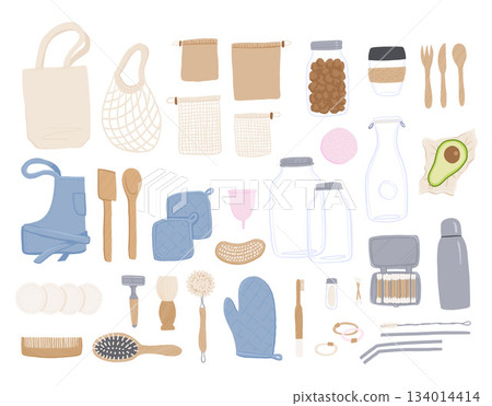 Zero waste set of objects. Kit of flat style eco brushes, cotton swabs, hair pick, safety razor, solid shampoo bar. Reusable kitchenware made of natural biodegradable materials. For eco shop, store 134014414