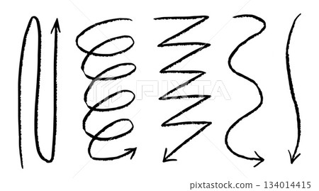 Charcoal arrows vector icons set. Hand drawn freehand different curved lines, swirls arrows. Doodle marker drawing, black chalk smears. Direction pointers. Scribbles and scrawls. Charcoal arrows vector icons set. Hand drawn freehand different curved lines, swirls arrows. Doodle marker drawing, black chalk smears. Direction pointers. Scribbles and scrawls. 134014415