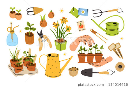 Gardening equipment and tools still life vector illustration. Garden watering can, flowers, shovel, flowerpot with plant, wellies rubber boots icon set isolated on a white background 134014416