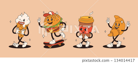 Set of fast food retro groovy cartoon character. Vintage mascot of burger, pizza, hot dog, ice cream, french fries, coffee to go, donut and soda with happy smile. Funky street food illustration 134014417