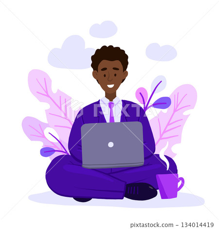 african american adult man working at home vector concept illustration. Freelancer character working from home with laptop sitting in lotus pose with a cup of hot tea or coffee. Home Remote work african american adult man working at home vector concept illustration. Freelancer character working from home with laptop sitting in lotus pose with a cup of hot tea or coffee. Home Remote work 134014419