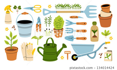 Set of gardening items in hand drawn cartoon style. Various agricultural and garden tools for spring work. Growing plants, flowers and herbs, seedling. Vector clip art illustration. 134014424