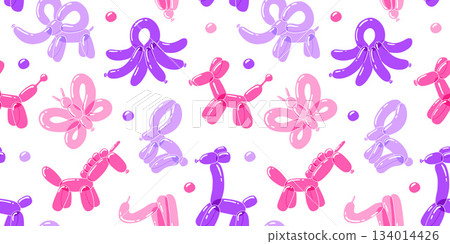 Various balloon animals collection. Festive seamless pattern inflatable dog, snake, unicorn, giraffe, rabbit, elephant, butterfly and octopus shapes. Birthday celebration party. Various balloon animals collection. Festive seamless pattern inflatable dog, snake, unicorn, giraffe, rabbit, elephant, butterfly and octopus shapes. Birthday celebration party. 134014426