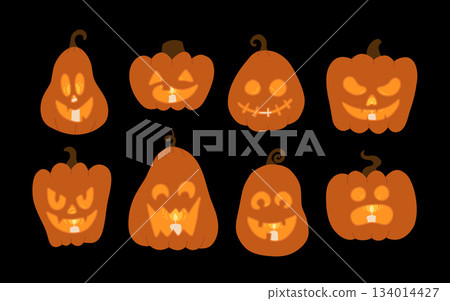 Scary Monster Faces Set. Jack O Lantern lit in the dark, candles inside carved pumpkin. Simple flat cartoon Illustrations. Scary Monster Faces Set. Jack O Lantern lit in the dark, candles inside carved pumpkin. Simple flat cartoon Illustrations. 134014427