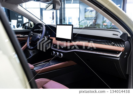 Luxury car interior with dashboard copy space for advertising and digital display in modern vehicle 134014438
