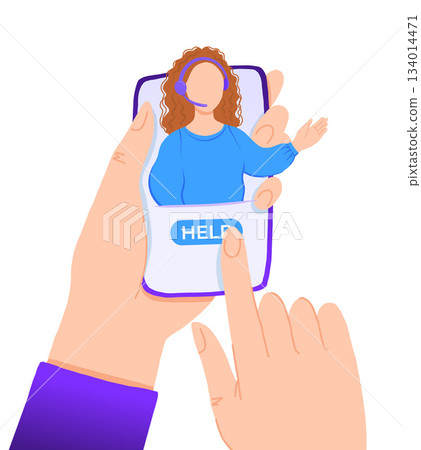 Concept customer and operator, online technical support 24-7 app for smartphone. Vector illustration ginger hair female hotline operator advises client. Online assistant, virtual help service. 134014471
