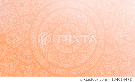 Round mandala on dreamy peach fuzz gradient background. Translucent mesh pattern in the form of a mandala. Mandala with floral patterns. Pastel Yoga template. Round mandala on dreamy peach fuzz gradient background. Translucent mesh pattern in the form of a mandala. Mandala with floral patterns. Pastel Yoga template. 134014478