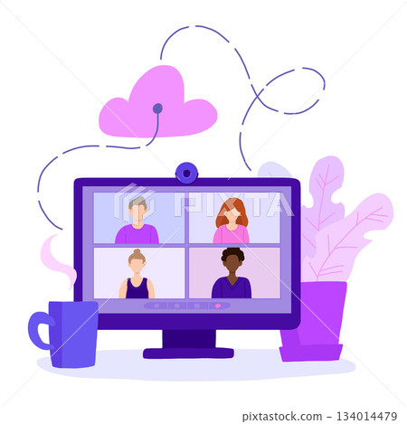 Desktop computer with group of colleagues taking part in video conference. Software for videoconferencing and online communication. Virtual work meeting. Modern vector illustration in flat style 134014479