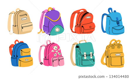 Set of different school backpack and schoolbag. Back to school, collection of children bags. Hand drawn vector illustration isolated on white background. Modern flat cartoon style 134014480