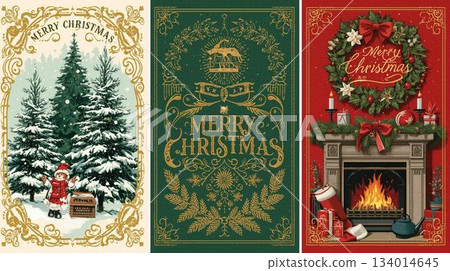 Vintage Christmas card illustration | Holly branch and ornament postcard material 134014645