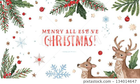 復古聖誕卡插圖 | 冬青枝和裝飾品明信片素材 134014647