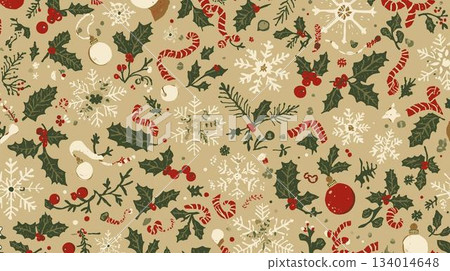復古聖誕卡插圖 | 冬青枝和裝飾品明信片素材 134014648