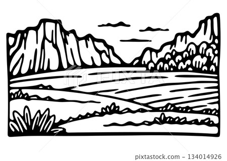 Mountain landscape with river scenic valley, rocky cliffs, flowing water and clouds, natural wilderness illustration, AI Generative 134014926