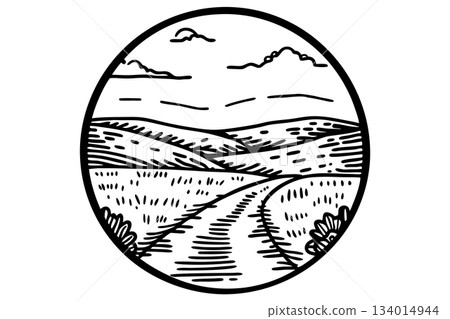 Country road through rolling hills in countryside rural landscape, tranquil fields, peaceful nature scene, monochrome drawing, AI Generative 134014944