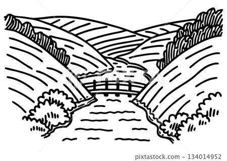 Scenic river landscape with curved hills, flowing water, small bridge, and natural vegetation illustration, AI Generative 134014952