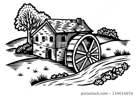 Old watermill by a flowing river in rural landscape, black and white vintage woodcut illustration design, AI Generative Old watermill by a flowing river in rural landscape, black and white vintage woodcut illustration design, AI Generative 134014959