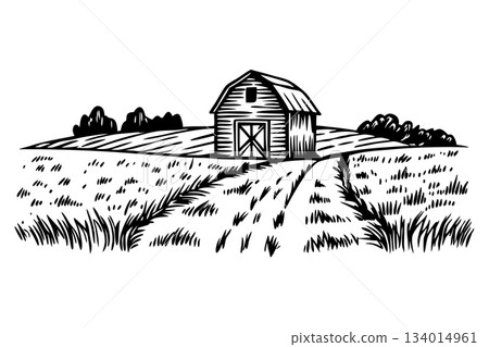 Rustic barn on rural landscape, hand drawn farm field illustration countryside vintage sketch, agriculture scene, AI Generative 134014961