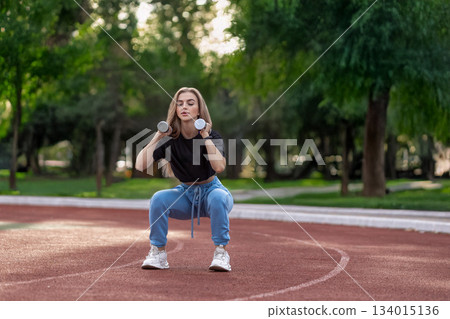 sporty girl is exercising on a street in a park. She holds dumbbells and performs squats. The sun shines bright with a green background. sporty girl is exercising on a street in a park. She holds dumbbells and performs squats. The sun shines bright with a green background. 134015136
