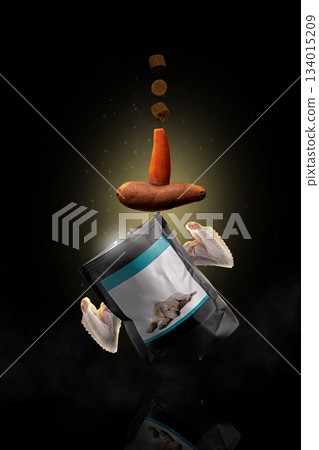 cosmetic jar is centered against a dark background. Ingredients like sweet potato and carrot float above the jar suggesting natural elements in a product. cosmetic jar is centered against a dark background. Ingredients like sweet potato and carrot float above the jar suggesting natural elements in a product. 134015209