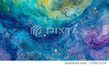 藍色抽象紋理酒精墨水藝術 | 金色點綴的精美流動藝術背景 藍色抽象紋理酒精墨水藝術 | 金色點綴的精美流動藝術背景 134015250
