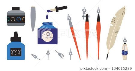 Sketchbook tools. Painter accessories collection. Stationery for drawing. Calligraphy feather with metal nibs. Artistic craft. Ink pen or paint bottle with dropper. Vector elements set 134015289