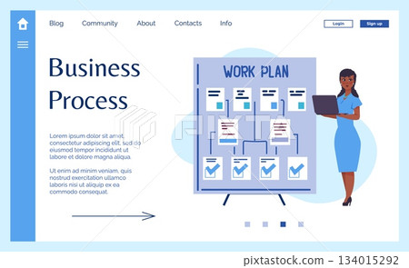 Business people landing page. Time management. Businessman productivity. Goals organizer board. Tasks and schedule deadlines notes at whiteboard. Website design template. Vector background 134015292