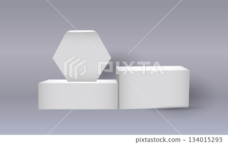 3d stand composition. White empty product podium, blank platform for presentation and exhibition, block stage with shadows, square column, minimal shape, showroom vector isolated mockup 134015293