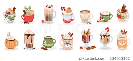 Christmas cup. Hot cocoa mug, chocolate coffee drink or punch cocktail with gingerbread, holiday xmas patterns, cozy beverage with marshmallow. Vector cartoon isolated illustration set Christmas cup. Hot cocoa mug, chocolate coffee drink or punch cocktail with gingerbread, holiday xmas patterns, cozy beverage with marshmallow. Vector cartoon isolated illustration set 134015302
