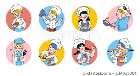 Kids cook. Child chef menu, girl character for food cookbook logo, little boy gourmet kitchen in hat. Children portrait in round form. Culinary profession. Vector cartoon face illustration 134015304