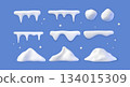 3d snow. Winter cap, ball and pile, white frame, white snowball ice shapes snowdrifts. Icicle holiday box or button, frozen roof corner. Objects for Christmas design. Vector render elements 134015309