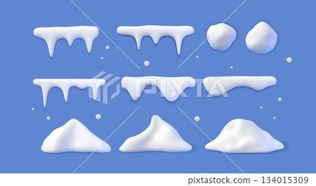 3d snow. Winter cap, ball and pile, white frame, white snowball ice shapes snowdrifts. Icicle holiday box or button, frozen roof corner. Objects for Christmas design. Vector render elements 134015309