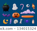 3D Halloween. Autumn holiday elements. Candy cloud. Pumpkin Jack. Skeleton bone and skull. Magic potion cauldron. Bat and ghost. Podium stage for party. Vector render plastic objects set 134015324