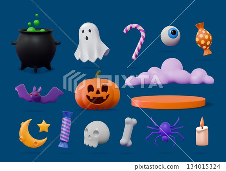 3D Halloween. Autumn holiday elements. Candy cloud. Pumpkin Jack. Skeleton bone and skull. Magic potion cauldron. Bat and ghost. Podium stage for party. Vector render plastic objects set 134015324