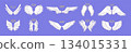 Cute wings. Angel halo icon, simple flying white feather or holy fantasy heaven, gold nimbus collection. Graphic spread art. Angelic decorative symbol. Vector cartoon isolated illustration 134015331