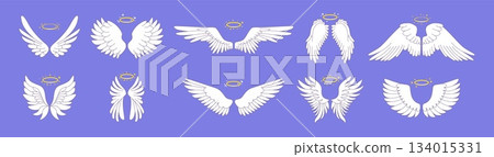 Cute wings. Angel halo icon, simple flying white feather or holy fantasy heaven, gold nimbus collection. Graphic spread art. Angelic decorative symbol. Vector cartoon isolated illustration Cute wings. Angel halo icon, simple flying white feather or holy fantasy heaven, gold nimbus collection. Graphic spread art. Angelic decorative symbol. Vector cartoon isolated illustration 134015331