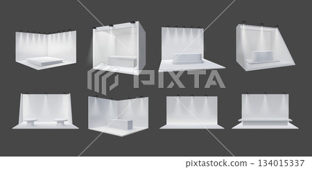 3d booth. Exhibition stand design, wall display and white show podium with spotlight, empty platform. Stage for fair, product presentation in market, trade show. Vector mockup 3d booth. Exhibition stand design, wall display and white show podium with spotlight, empty platform. Stage for fair, product presentation in market, trade show. Vector mockup 134015337