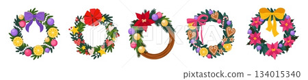 Christmas wreath. Circle adventure decor, bauble tree garland or round xmas holiday flower frame food and branch, conifer with ribbon and toys. Vector cartoon design isolated set 134015340