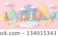 Podium in trees. 3d spring scene with product pedestal, pastel floral geometric stand in nature park, mountains and trees. Minimal scene ecological environment. Vector render background 134015343