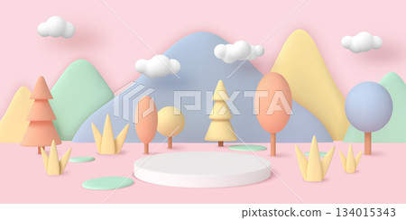 Podium in trees. 3d spring scene with product pedestal, pastel floral geometric stand in nature park, mountains and trees. Minimal scene ecological environment. Vector render background Podium in trees. 3d spring scene with product pedestal, pastel floral geometric stand in nature park, mountains and trees. Minimal scene ecological environment. Vector render background 134015343