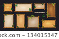 Wood sign. Wooden beach frame, bamboo game board or ui Hawaiian signboard. Paper menu button. Empty square framework. Organic poster with copy space, graphic design element. Vector panel set 134015347