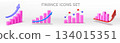 3D graph bar. Investment chart. Stock statistic info histogram with isolated arrow. Up and down forex concept. Pink column investment infochart. Vector analytic report render icons set 134015351