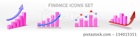 3D graph bar. Investment chart. Stock statistic info histogram with isolated arrow. Up and down forex concept. Pink column investment infochart. Vector analytic report render icons set 134015351