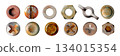Rust nail. Head of metal screw bolt. Rusty rivet. Old pin top. Vintage copper texture. Brown industrial iron. Self-tapping fastener. Fastening assortment. Vector realistic objects set 134015354