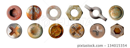 Rust nail. Head of metal screw bolt. Rusty rivet. Old pin top. Vintage copper texture. Brown industrial iron. Self-tapping fastener. Fastening assortment. Vector realistic objects set Rust nail. Head of metal screw bolt. Rusty rivet. Old pin top. Vintage copper texture. Brown industrial iron. Self-tapping fastener. Fastening assortment. Vector realistic objects set 134015354