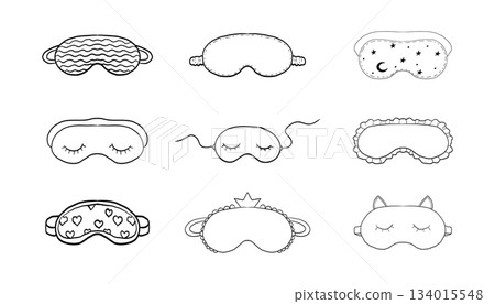 Sleep mask doodle eye relax mask doodle sketch. Night sleep accessory bedtime set hand drawn. Outline drawing line clipart.  134015548