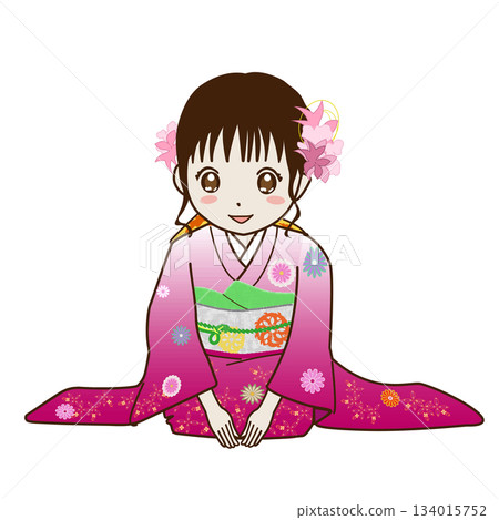 A woman in a furisode kimono sitting in seiza position A woman in a furisode kimono sitting in seiza position 134015752