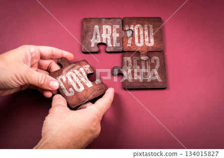 Wooden Puzzle Pieces Forming Are You Covered Text on Red Background 134015827